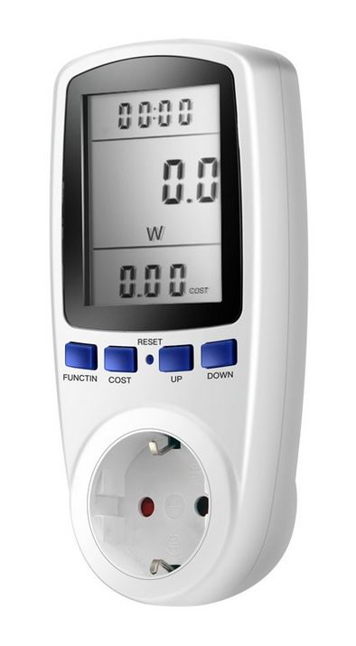 Digitális LCD Hálózati Fogyasztásmérő (Áram, Feszültség, Teljesítmény, Fogyasztás) konnektor aljzat (230V / 16A)